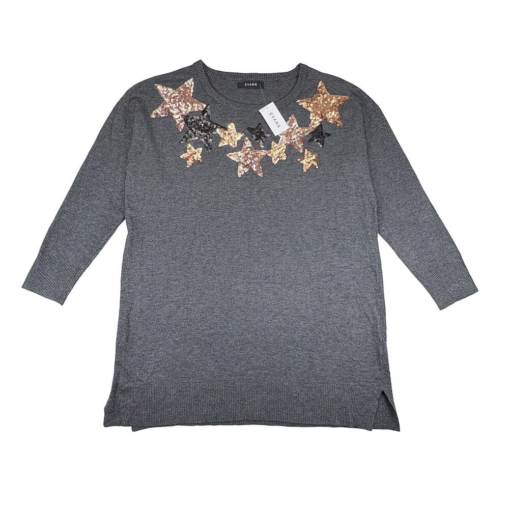 Evans Jumper Star Tunic NWT Womens 20 Gray Sequin Star Sweater Top Holiday